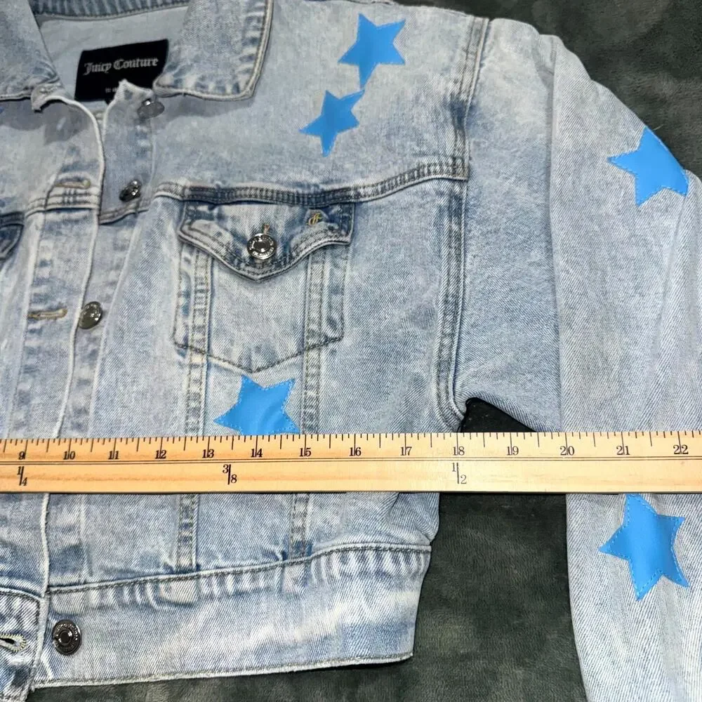Juicy Couture Denim Jacket Girl's Large Blue Star Stretch Cropped Button Front‎
